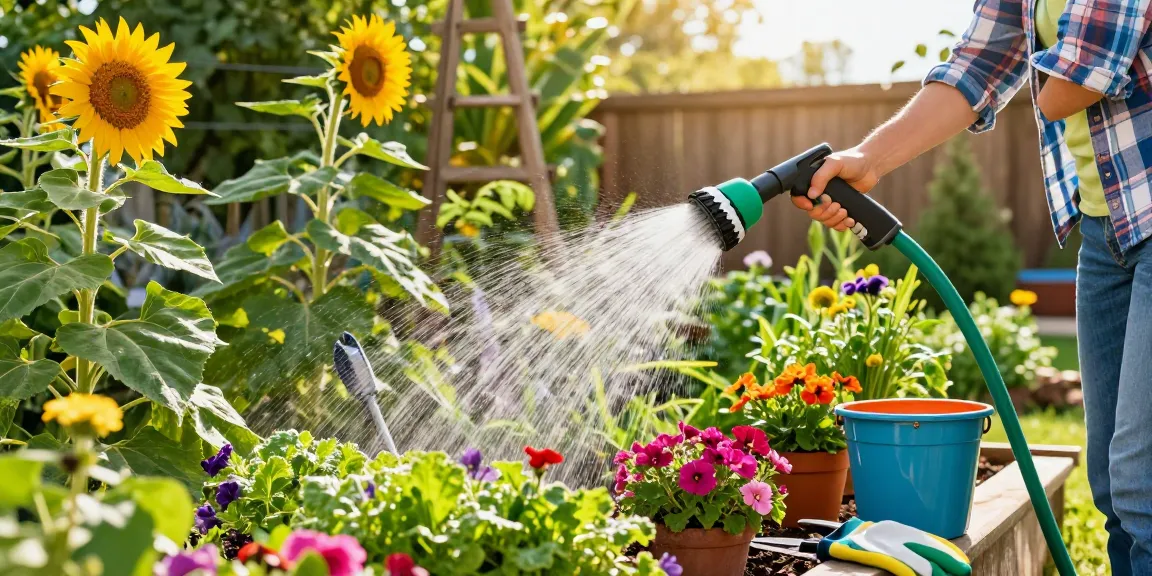Gardener using the best hose nozzle to efficiently water colorful flowering plants in a vibrant garden.