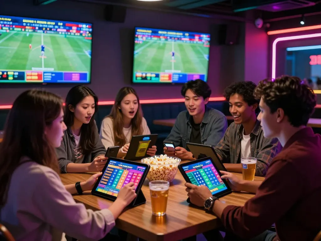 Engaging online betting scene at MM88 with friends enjoying live sports, vibrant atmosphere.