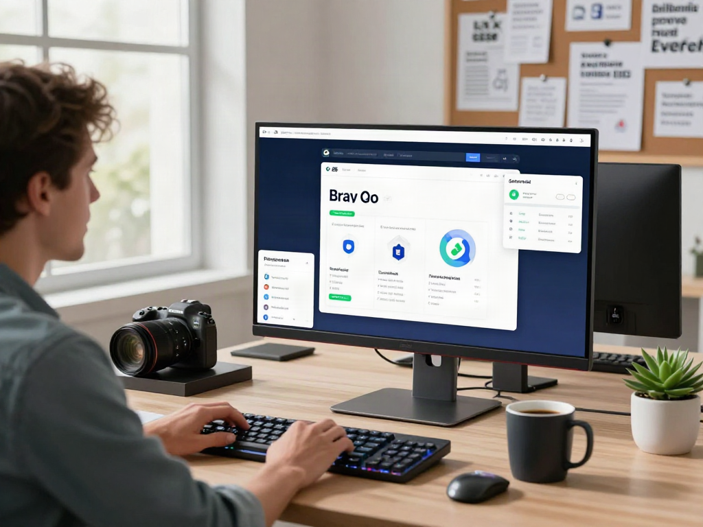Brave browser interface displayed on a modern tech workspace with vibrant natural light.