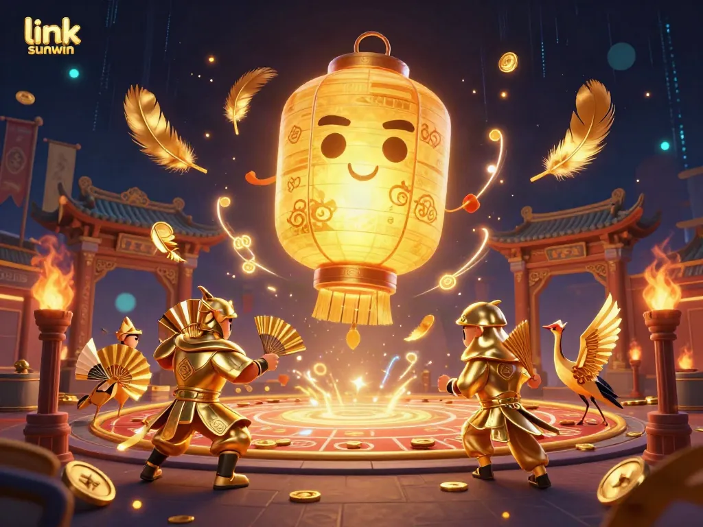 Engage with the link sunwin in a colorful 3D casino setting featuring golden lantern spirit and warriors.