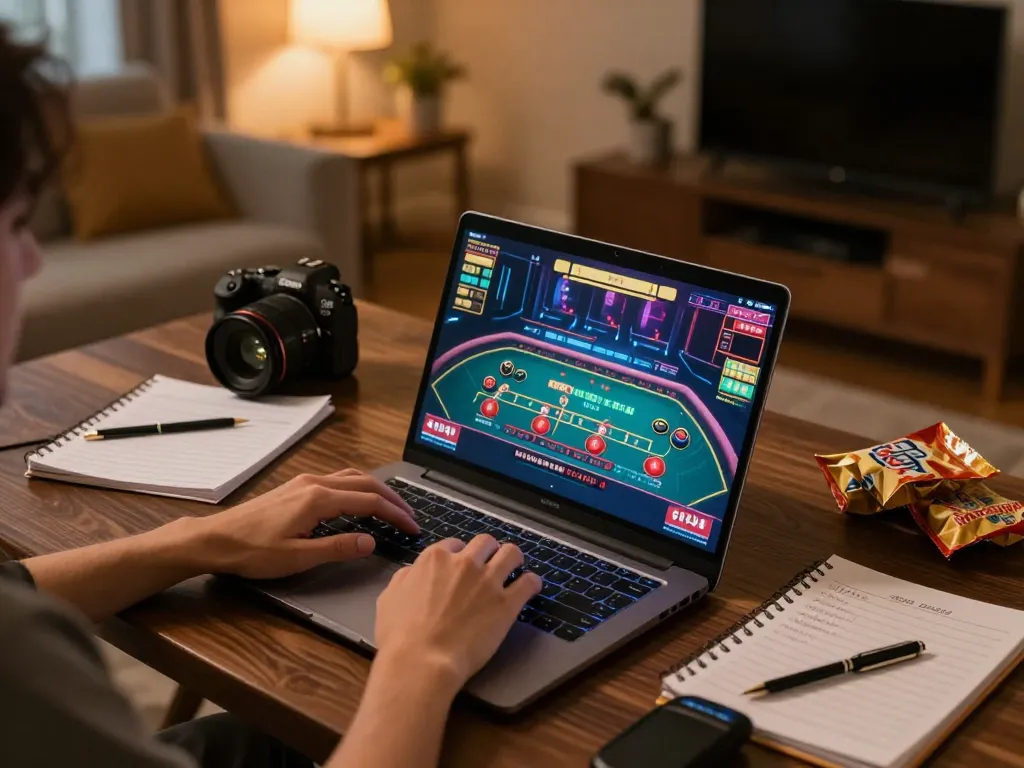Engaged player using v9bet online casino app on laptop in cozy home setting