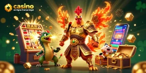 Visuel captivant de casino en ligne France légal avec des personnages et éléments de jeu dynamique.