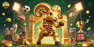 Join the excitement at lc88 with a massive golden ram charging through a dynamic casino scene filled with vibrant game elements.