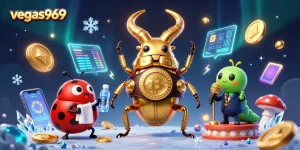 Experience thrilling action with vegas969's vibrant 3D casino illustration featuring unique characters and crypto elements.