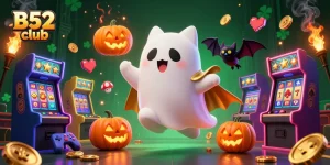 B52 club gaming scene with a friendly ghost cat, vampire bat, and glowing poker jack-o-lanterns.