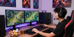 Pengalaman bermain game online di BATIK88 dengan grafik cerah dan peralatan gaming modern.