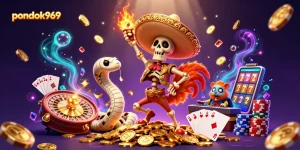 Pondok969 showcases a vibrant casino scene with animated characters celebrating winnings through dynamic games.