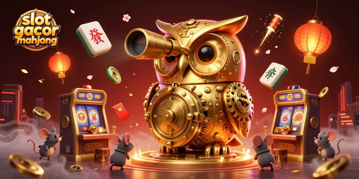 Engage with slot gacor mahjong featuring a golden owl, mahjong tiles, and festive decorations.