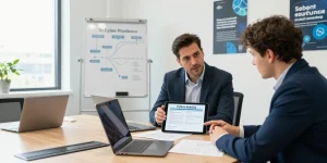 Consultants explaining cyber essentials renewal process to business owner in a modern office setting