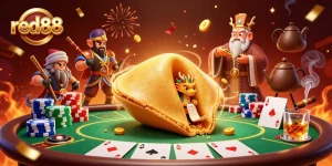 Experience fortune with red88's whimsical casino adventure featuring poker chips and clever characters.