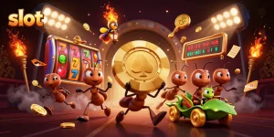 Spin exciting slot reels featuring ants on a heist with dynamic elements in a vibrant casino scene