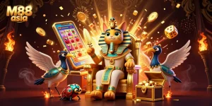 M88 asia showcases thrilling casino action with symbols like lucky 7s and golden treasures.