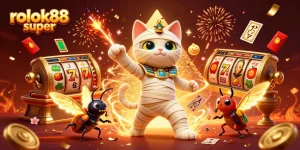 Experience the thrill of winning with rokok88 super in a vibrant 3D casino scene featuring unique characters and elements.