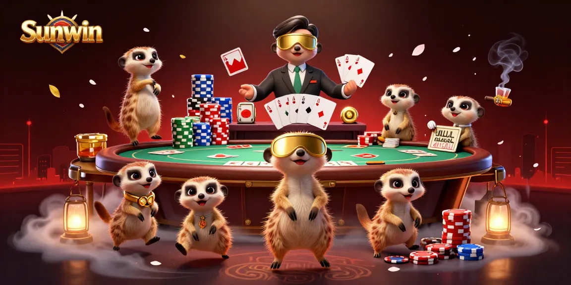 Sunwin meerkats operating a busy casino with poker elements and vibrant decorations.