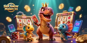 Spin the reels with Slot Gacor Malam Ini featuring fun dino characters, vibrant coins, and thrilling jackpot elements!