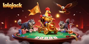Engage with lolajack's thrilling casino experience featuring a rooster warlord and poker elements.