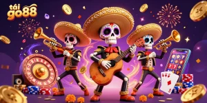 Join the excitement with tải go88, featuring a vibrant mariachi band amidst cascading coins and casino elements.