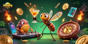 Engage in mahjong with a vibrant 3D casino scene featuring dynamic characters and glowing crypto elements.