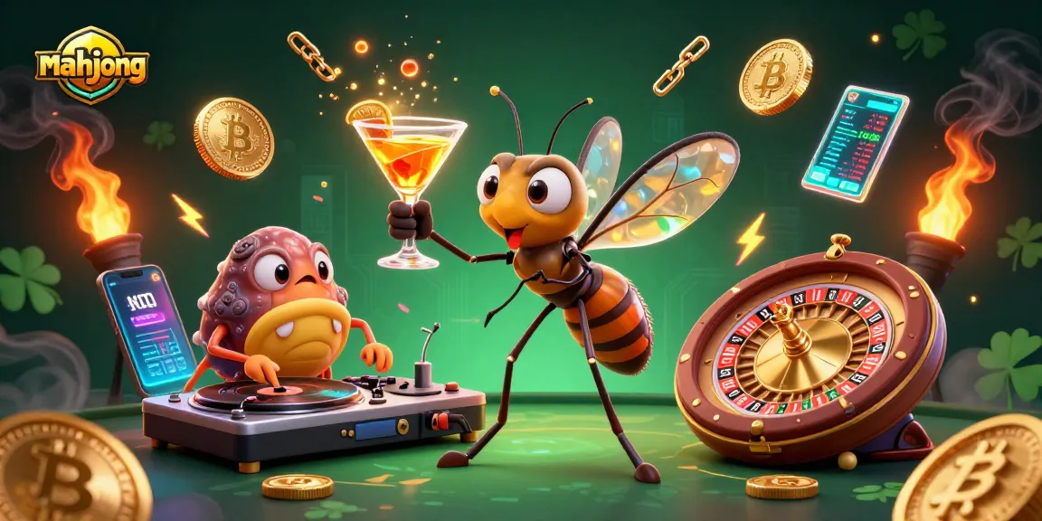Engage in mahjong with a vibrant 3D casino scene featuring dynamic characters and glowing crypto elements.