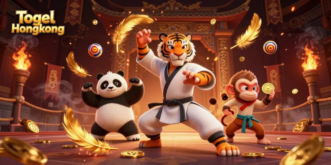 Togel Hongkong live draw featuring a 3D kung fu tiger master, panda disciple, and monkey student in a vibrant gambling scene.