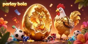 Place your bets on exciting parlay bola with a golden dragon guarding treasure in a vibrant casino scene.