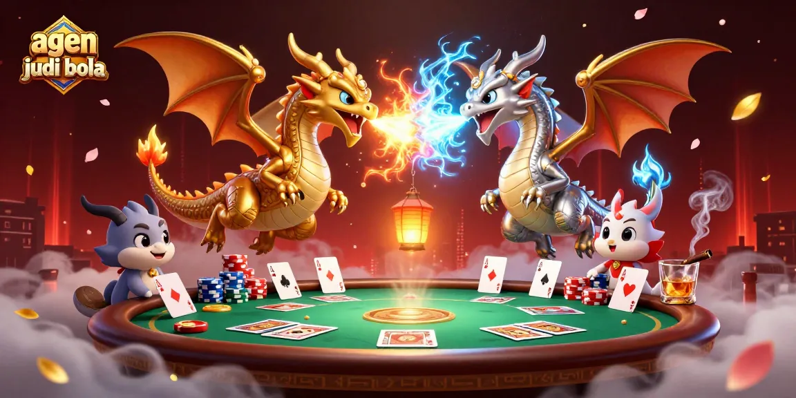 Experience thrilling betting with agen judi bola while dragons unleash fire and ice above vibrant poker elements.