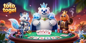 Win at toto togel with a dynamic scene showcasing a royal polar bear and armed fox at a poker table.