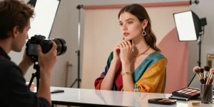 Servizio fotografico professionale in studio MaxArt per moda e gioielli a Milano con modello e attrezzatura fotografica.