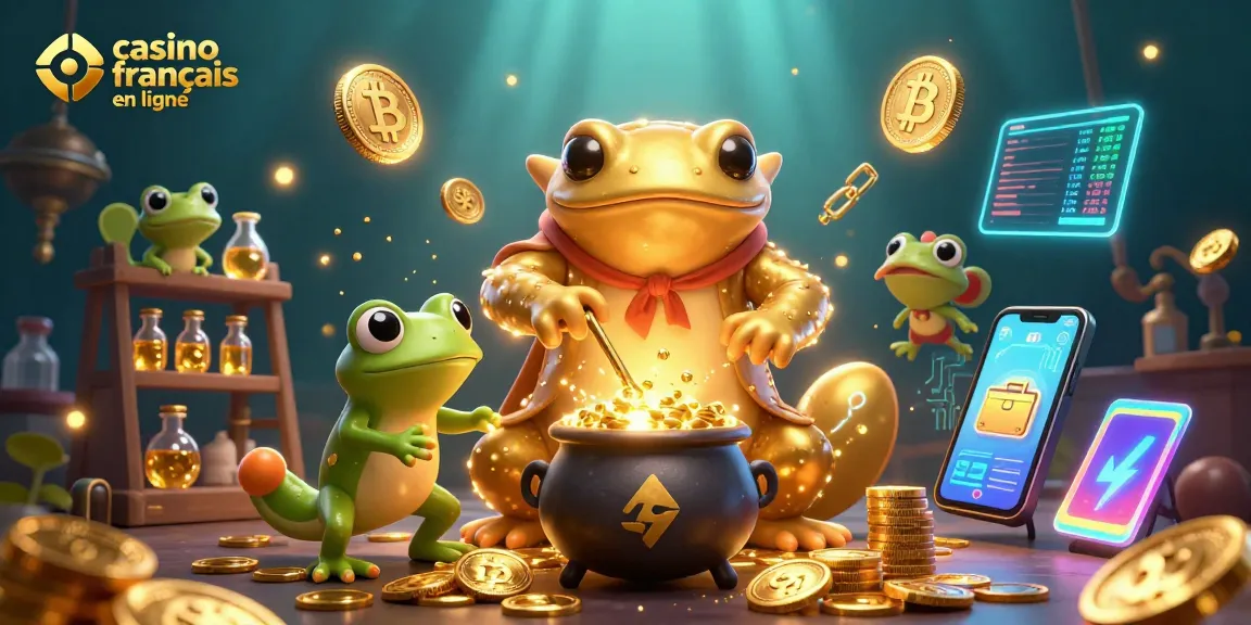 Illustration dynamique avec un alchimiste salamandre géante transformant des métaux en pièces d'or, casino français en ligne.