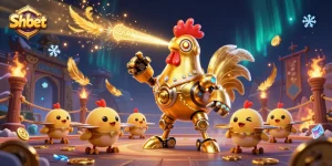 Shoot for a winning experience at Shbet's thrilling casino with dynamic golden rooster and baby chick drones.