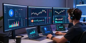 分析 aicoin 加密货币实时数据的专业交易室，展示先进交易界面的现代化工作环境