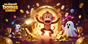 Exciting scene of a no deposit bonus casino with a mischievous monkey and ghost-hunter puppy in a vibrant haunted casino.