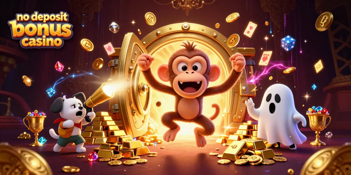 Exciting scene of a no deposit bonus casino with a mischievous monkey and ghost-hunter puppy in a vibrant haunted casino.