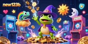 Win big with new123b as a wizard frog conjures golden coins in a vibrant casino scene.