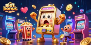 Slot bonus new member showcases a golden slot machine hitting a jackpot, surrounded by cheering machines and vibrant arcade elements.
