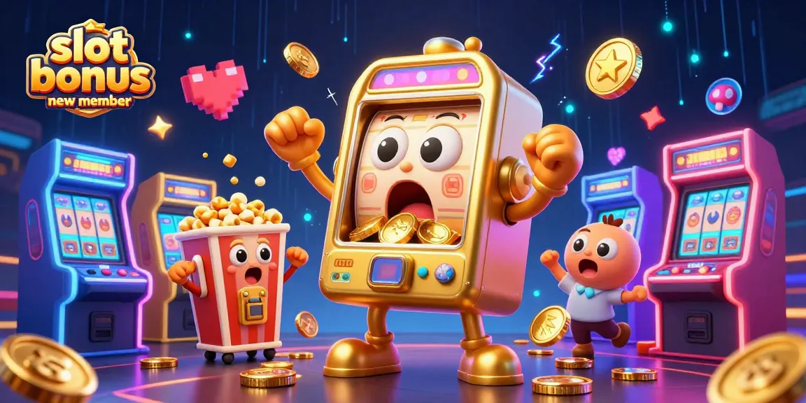 Slot bonus new member showcases a golden slot machine hitting a jackpot, surrounded by cheering machines and vibrant arcade elements.
