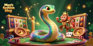 Engage in thrilling gameplay on Men’s fashion blog with vibrant casino elements featuring a rainbow serpent and a monkey king.