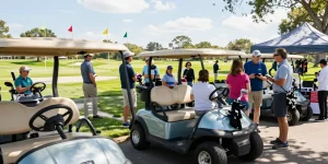 Used golf cart for sale near me at a vibrant golf course, families inspecting various models.