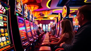 Slot gacor hari ini memperlihatkan pemain yang bersemangat di mesin slot kasino.