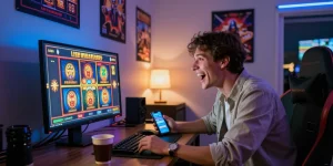 Playbook88 slot gaming excitement in a cozy home setup with vibrant graphics.