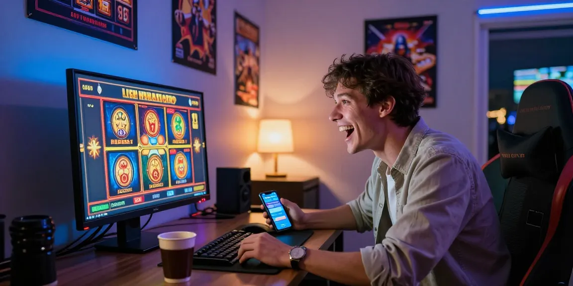 Playbook88 slot gaming excitement in a cozy home setup with vibrant graphics.